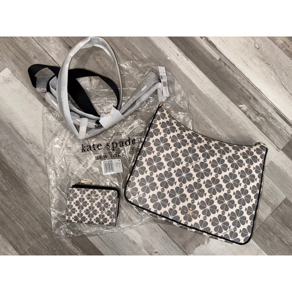 Kate Spade Spade Flower Monogram Crossbody Bag and Wallet Set Black Cream NEW